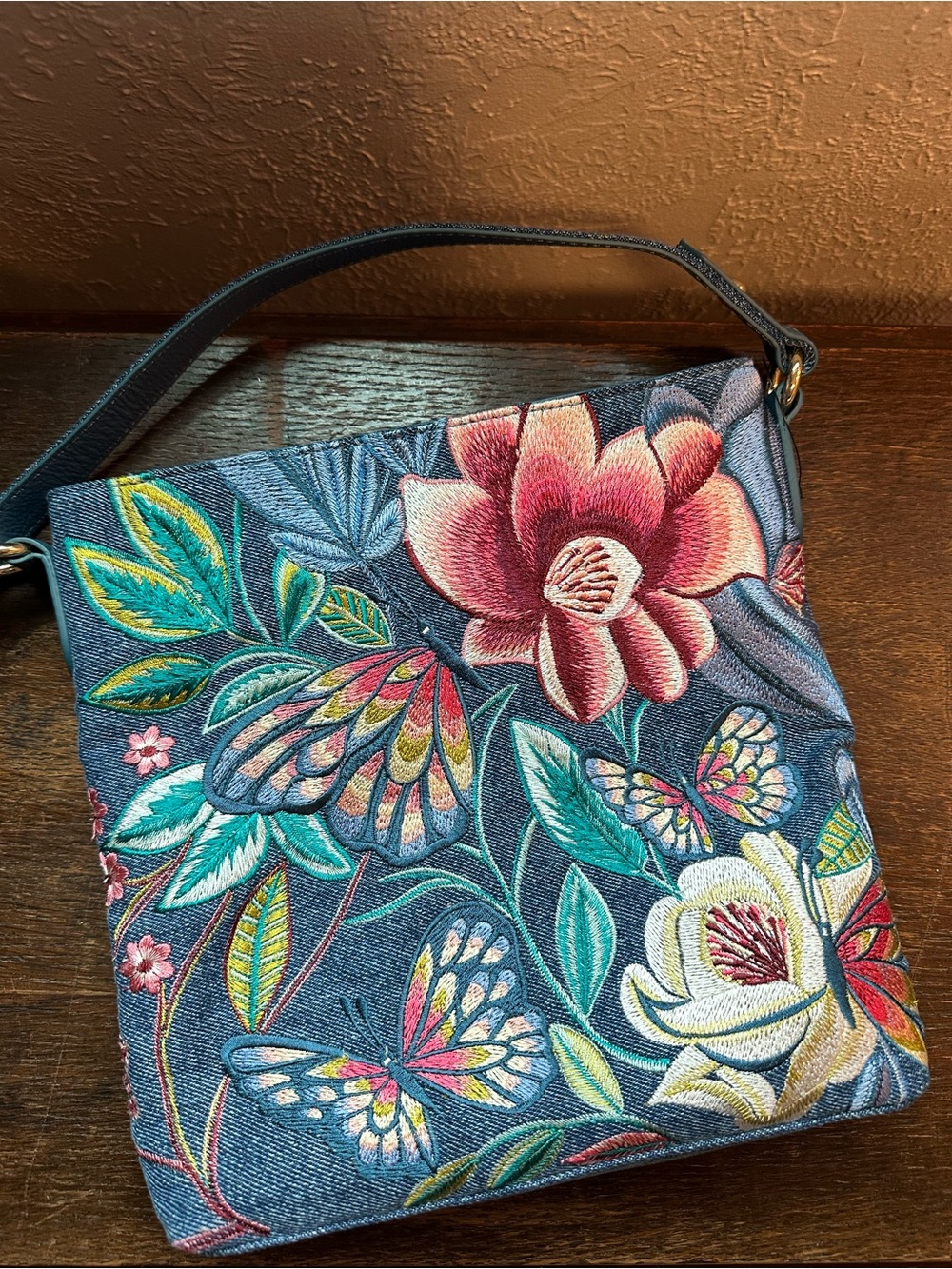 Chico's Embroidered Floral Denim Crossbody in Blue with Multicolor Accents